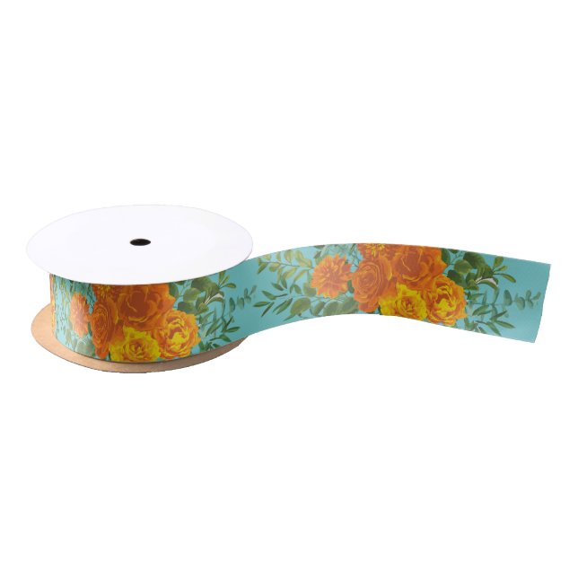Ruban En Satin Orange & Turquoise Aqua Peony & Rose Floral Mariag (Bobine)