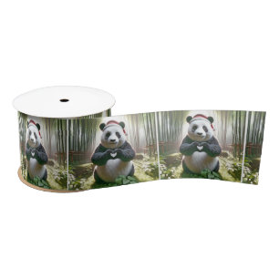 Ruban En Satin Ours De Panda De Noël Dans La Forêt De Bambou