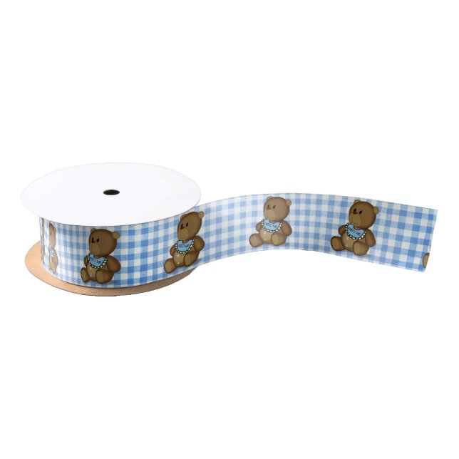 Ruban En Satin Ours en peluche avec bib sur En vichy bleu (Bobine)