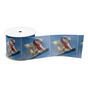 Ruban En Satin Ours polaire en plein vol sur un snowboard