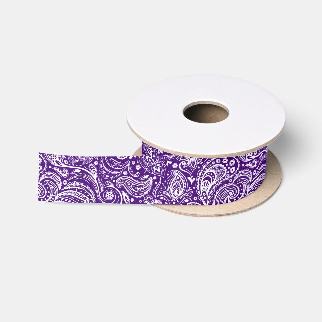 Ruban En Satin Paisley florale blanche et violette (Bobine)