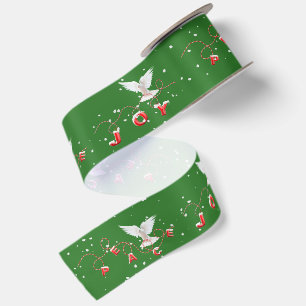 Ruban En Satin Paix et Joie de Noël Colombes blanches dans des fl