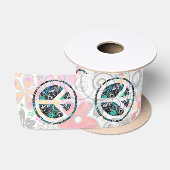 Ruban En Satin PAIX FLOWER POWER signe II + votre arrière - plan (Bobine)
