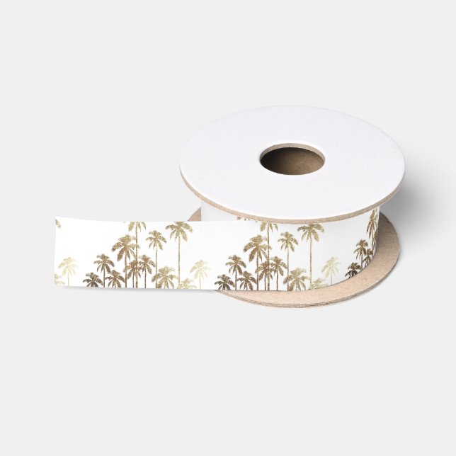 Ruban En Satin Palmiers tropicaux d'or fascinant sur le blanc (Bobine)