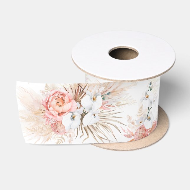 Ruban En Satin Pampas Grass et Fleurs roses Ruban satiné (Bobine)