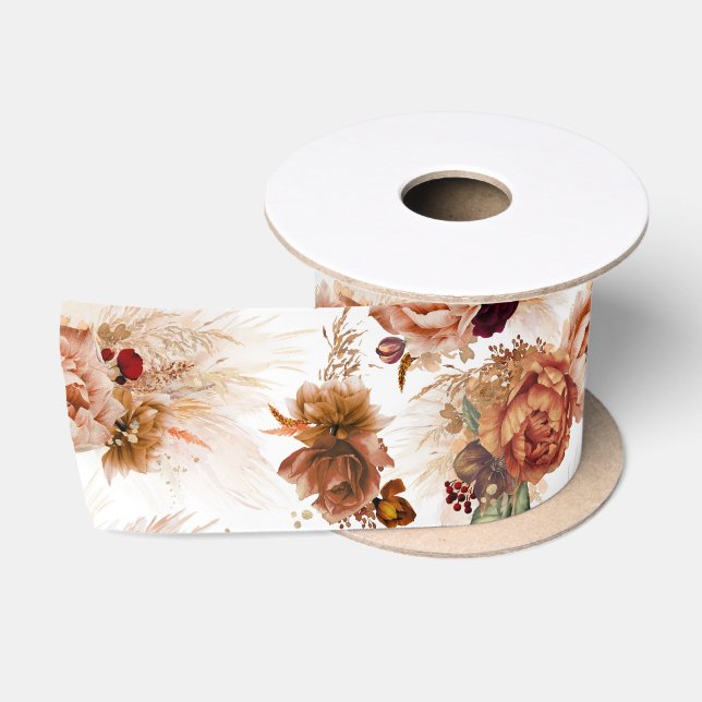 Ruban En Satin Pampas Grass et Terracotta Rust Fleurs Botanique (Bobine)