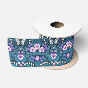 Ruban En Satin Pansies, oiseaux et papillons