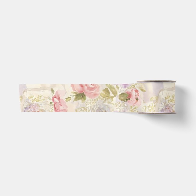 Ruban En Satin Papier d'emballage floral à l'aquarelle romantique (Devant)