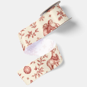 Ruban En Satin Papier peint toile de Noël, rouge et crème traditi