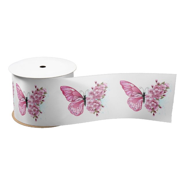 Ruban En Satin Papillon à fleurs avec Sakura rose (Bobine)