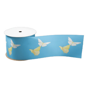 Ruban En Satin Papillons blancs et jaune clair volant bleu