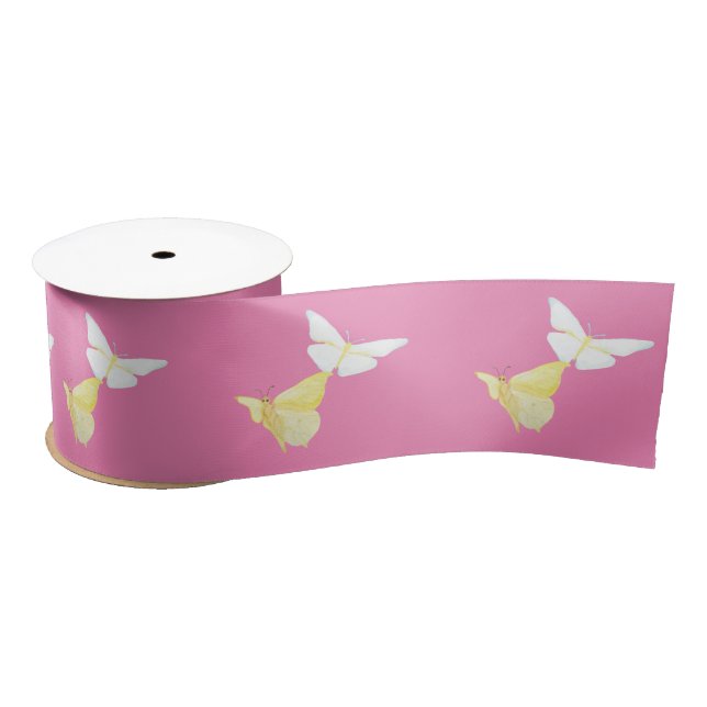 Ruban En Satin Papillons blancs et jaunes clairs volant rose (Bobine)