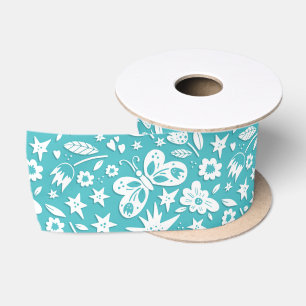 Ruban En Satin Papillons Et Fleurs Sur Aqua