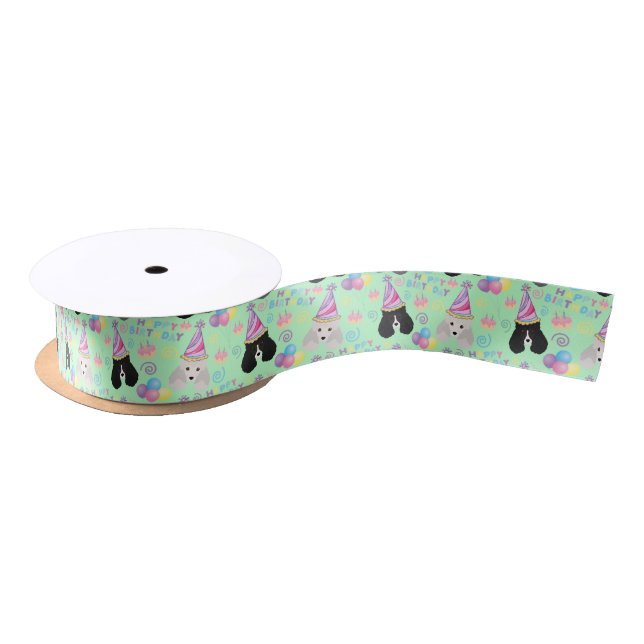 Ruban En Satin Parti Poodle Birthday Satin Ribbon in Green (Bobine)