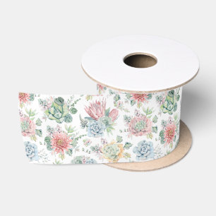 Ruban En Satin Pastel Aquarelle Echievera Succulents Motif