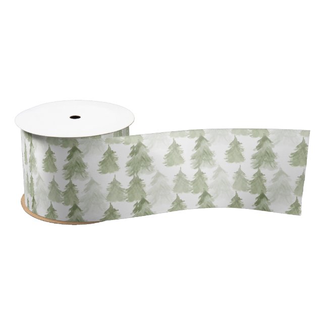 Ruban En Satin Pastel Green Aquarelle Arbre de Noël Motif (Bobine)