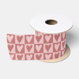 Ruban En Satin Pastel Rouge et rose À damiers Coeurs Motif
