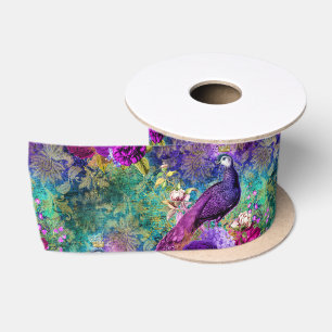 Ruban En Satin Patters vibrant Illustrated Peacock