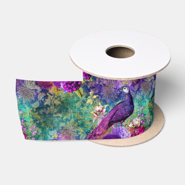 Ruban En Satin Patters vibrant Illustrated Peacock (Bobine)
