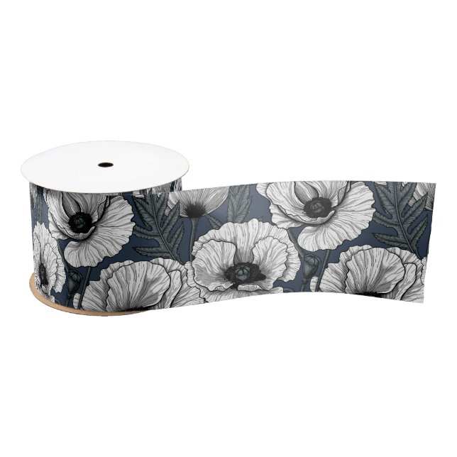Ruban En Satin Pavot blanc sur la marine (Bobine)