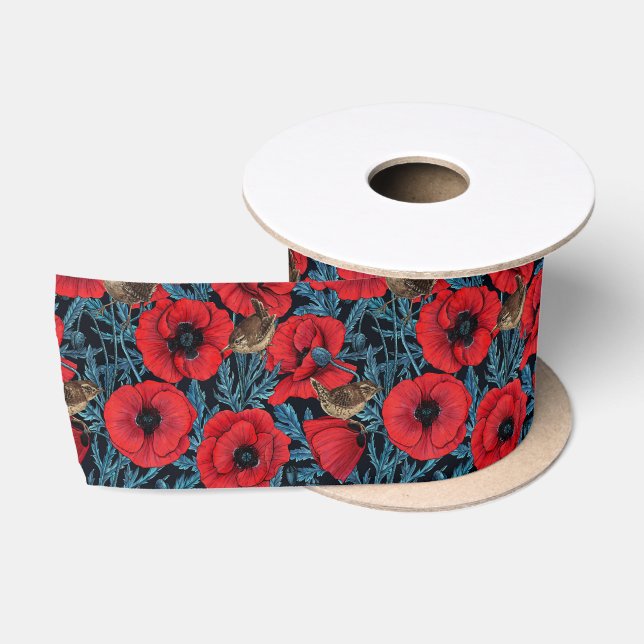 Ruban En Satin Pavot rouge et brunes, feuilles bleus sur noir (Bobine)