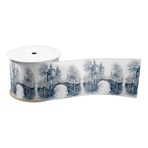 Ruban En Satin Paysage de style Delft bleu et blanc