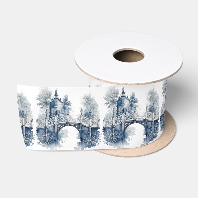 Ruban En Satin Paysage de style Delft bleu et blanc (Bobine)