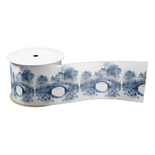 Ruban En Satin Paysage de style Delft bleu et blanc