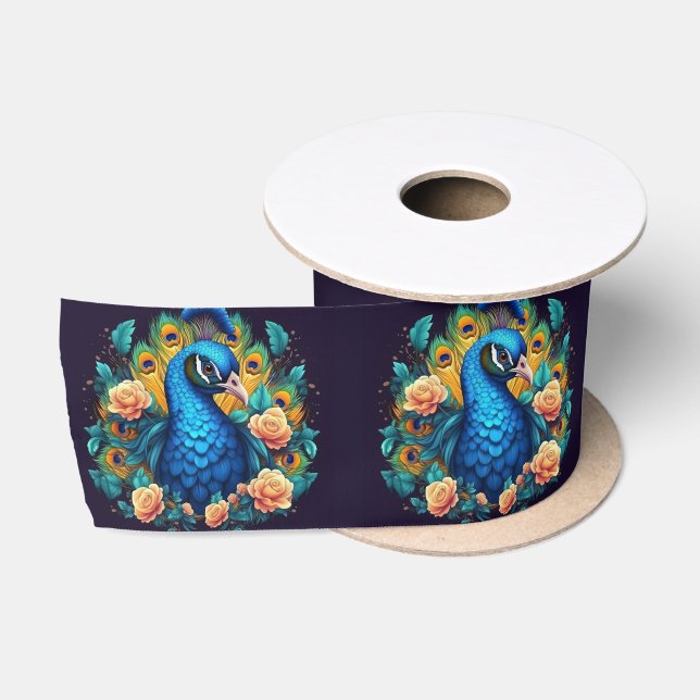 Ruban En Satin Peacock Avec Roses Peach (Bobine)
