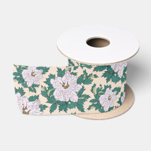 Ruban En Satin Peonies blanches et Feuilles verts
