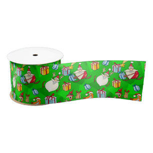 Ruban En Satin Père Noël et Elfes Verts de Noël