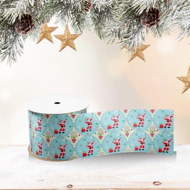 Ruban En Satin Père Noël rétro jouant au tennis motif ogee  (Créateur téléchargé)