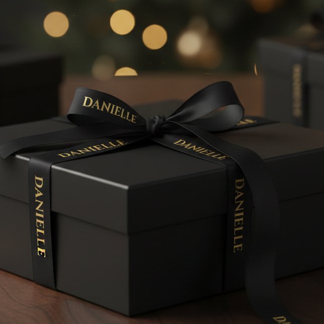 Ruban En Satin Personalized Black Ribbon with Gold Name Text (Créateur téléchargé)