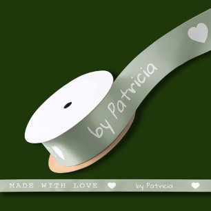 Ruban En Satin Personnalisé Fabriqué Avec Amour Cœur Vert Et Blan
