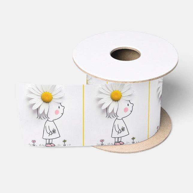Ruban En Satin Petite fille avec une marguerite blanche sur la tê (Bobine)