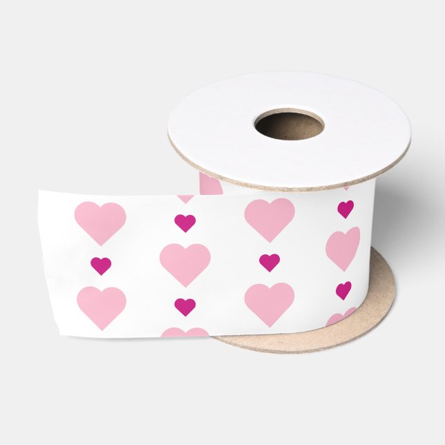 Ruban En Satin Petits et grands coeurs roses sur blanc (Bobine)