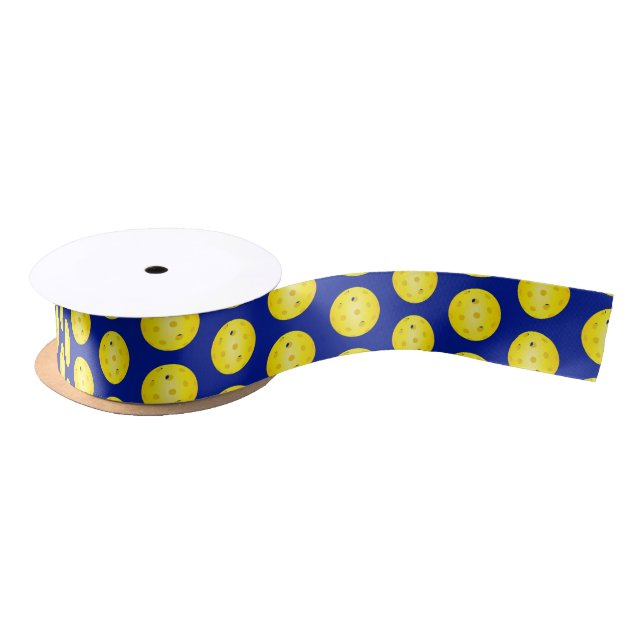 Ruban En Satin Pickleball Yellow Balls Motif sur Blue (Bobine)