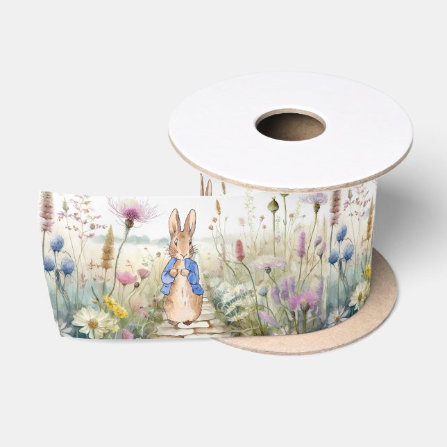 Ruban En Satin Pierre le lapin dans le jardin fleur sauvage (Bobine)