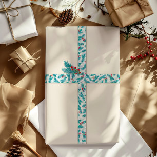 Ruban En Satin Pine Twigs et Red Berries Motif de Noël Blanc
