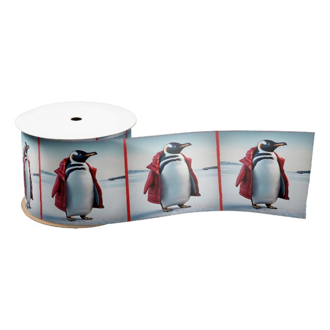 Ruban En Satin Pingouin de Noël avec manteau rouge (Bobine)