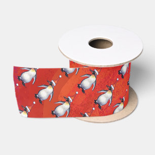 Ruban En Satin Pingouin festif dans un Motif de Santa Hat
