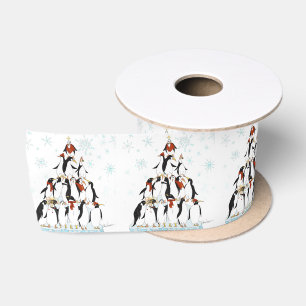 Ruban En Satin Pingouins de Noël Motif avec des lacs de neige