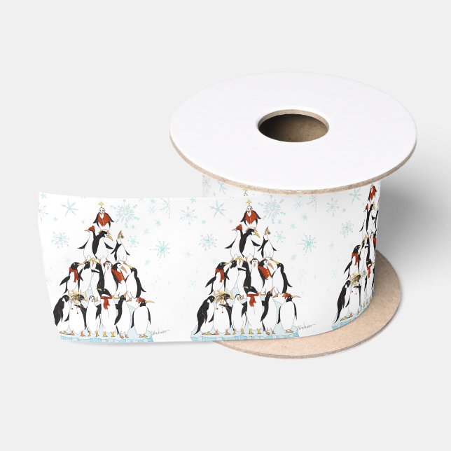 Ruban En Satin Pingouins de Noël Motif avec des lacs de neige (Bobine)