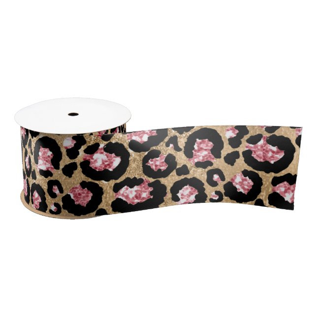 Ruban En Satin Pink and Gold Glitter Glam Leopard Spots Pattern (Bobine)