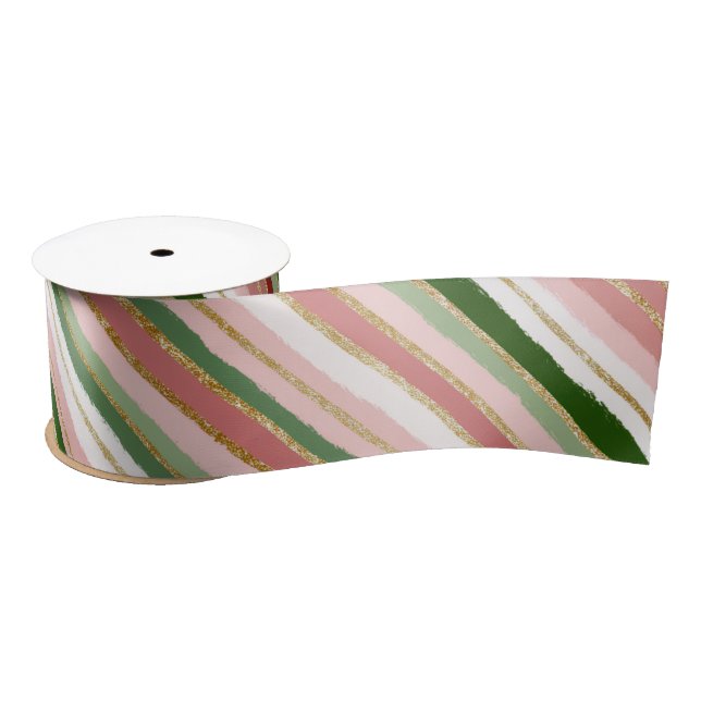 Ruban En Satin Pink Green Gold Stripes de Noël (Bobine)