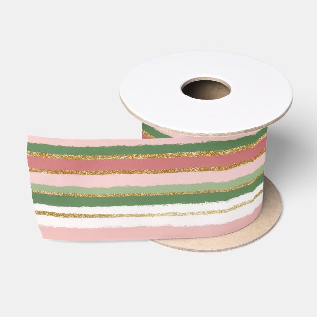 Ruban En Satin Pink Green Gold Stripes Noël (Bobine)