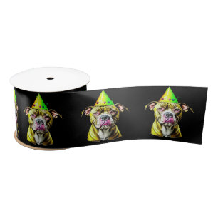 Ruban En Satin Pitbull avec chapeau d'anniversaire 