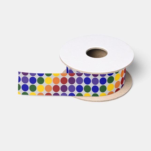 Ruban En Satin Pois arc-en-ciel sur gris (Bobine)