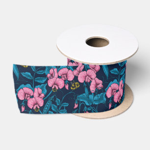 Ruban En Satin Pois de senteur et bourdons, rose et bleu