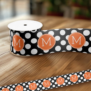 Ruban En Satin Pois noirs et orange avec monogramme personnalisé